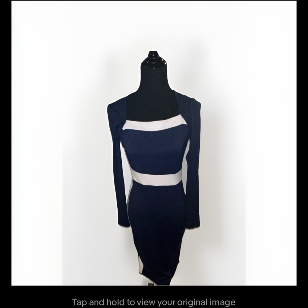 SHEIN Navy and White Long-Sleeve Bodycon Dress with Square Neck